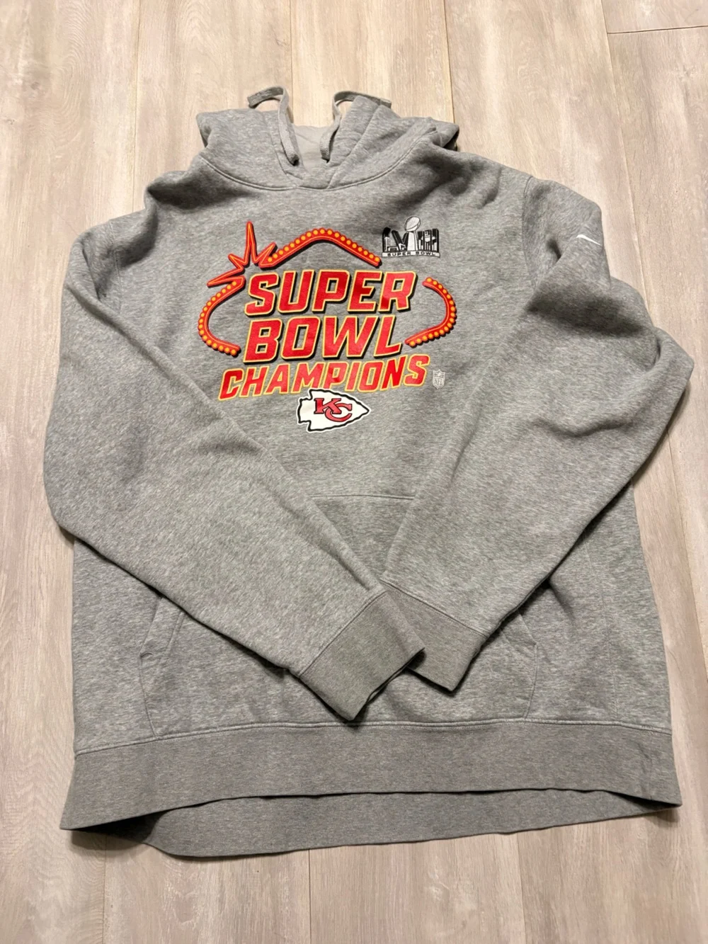 Nike Gray Crewneck Sweatshirt with Red & Gold Super Bowl Champions Graphics